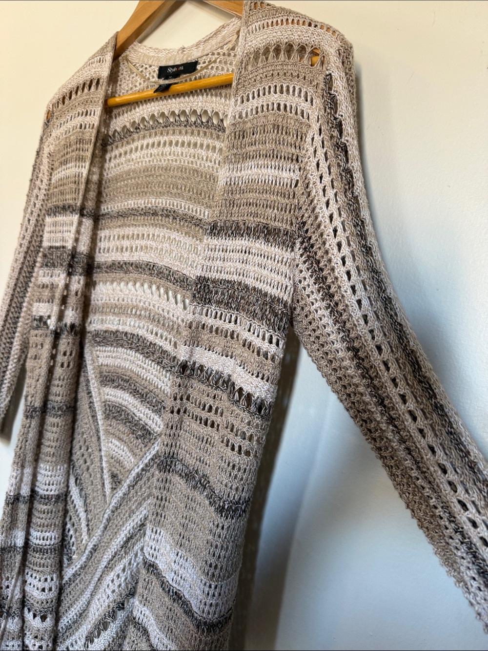 Style & Co Tan Multi Stripe Crochet Open Front Cardigan Medium Womens Pointelle - Picture 7 of 11